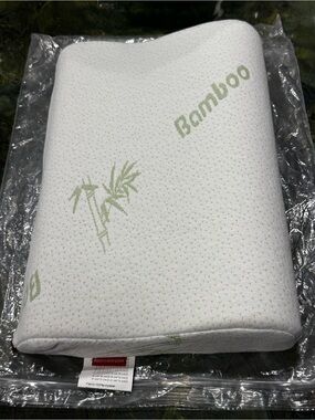 BAMBOO White Memory Foam Contour Pillow with Light Green Bamboo Print